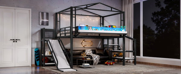 English Elm Twin Metal Loft Bed with Built-in Wardrobe Storage Stairs Led Lights and Usb Ports W5316S00047
