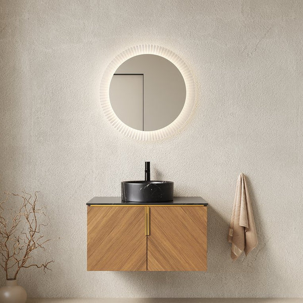 English Elm Muri Floating Bathroom Vanity Plywood Cabinet Sintered Stone Top Oak Drawer W2615S00549