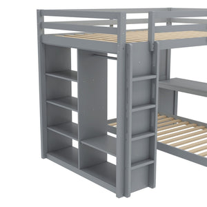English Elm Queen Solid Wood Bunk Bed With Dismountable Twin, Desk, Shelves & Wardrobe - Modern Grey Design W1580S00215-GIGA