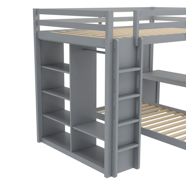 English Elm Queen Solid Wood Bunk Bed With Dismountable Twin, Desk, Shelves & Wardrobe - Modern Grey Design W1580S00215-GIGA