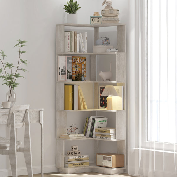 English Elm 6 Tier Freestanding L-Shaped Corner Bookshelf with Anti-Tip, Rounded Corners, 3D Wood Grain Finish Light Gray W2899P372517