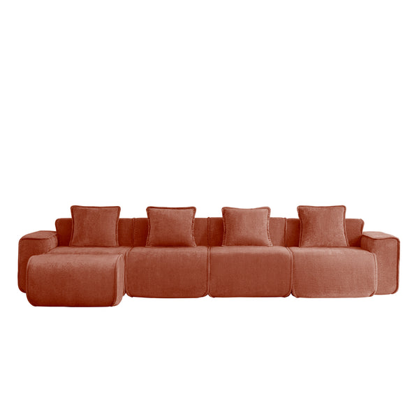 English Elm Streamlined Modular L-shaped Sectional Velvet Sofa with Ottoman and Tailored Piping Detail Red W3041S00362