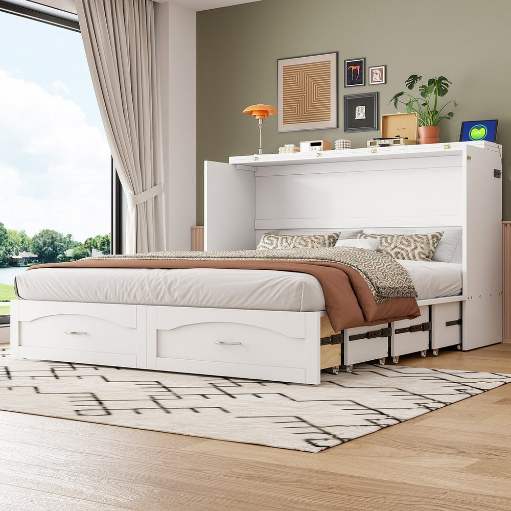 English Elm Queen Murphy Wall Bed with Drawers Usb Charging Ports Pulley Lift Mdf Cabinet White LP100671AAK-1