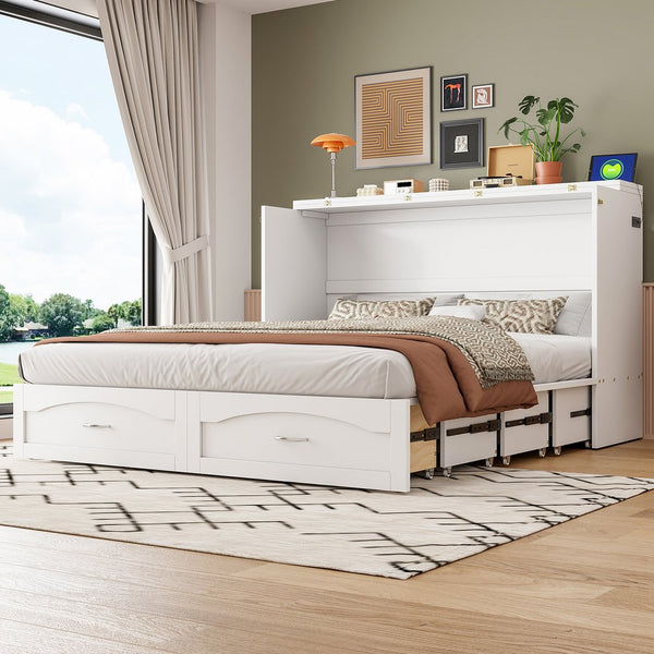English Elm Queen Murphy Wall Bed with Drawers Usb Charging Ports Pulley Lift Mdf Cabinet White LP100671AAK-1