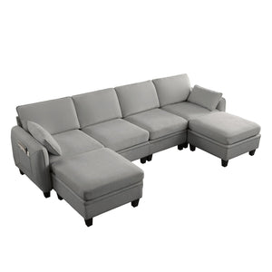 English Elm 102 Inch Linen Modular Sectional Sofa with Hidden Storage and Cloud Cushion Comfort Gray W1099S00215