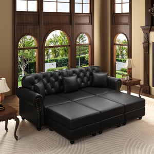 English Elm 82.6"upholstered Faux Leather Chesterfield Sofa Button Tufted Nailhead Mid-century Living Room Black W1885S00430