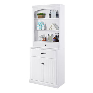 English Elm White Bathroom Storage Cabinet with Zinc Knob Doors, 4 Drawers, 6 Open Shelves & Adjustable Tiers for Organized Space (63"x10.8"x78.7") N725S252486K