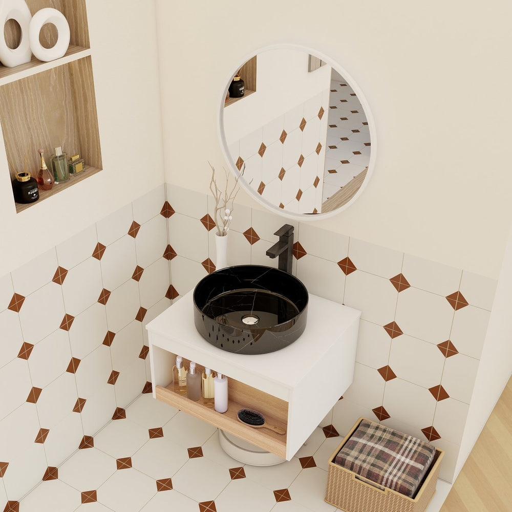 English Elm 24" Floating Bathroom Vanity Open Shelf Ceramic Vessel Sink Modern White Wood Finish W3450S00055