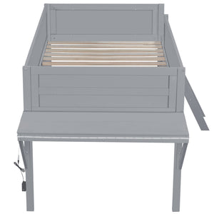 English Elm Wood Twin Gaming Loft Bed with Desk, LED Lighting & Storage Shelves—Sturdy Pine Build for Kids (98) N709P236479E