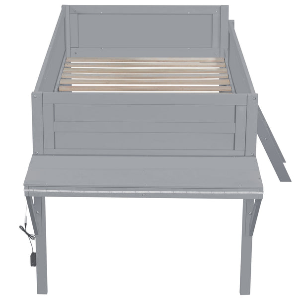 English Elm Wood Twin Gaming Loft Bed with Desk, LED Lighting & Storage Shelves—Sturdy Pine Build for Kids (98) N709P236479E