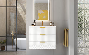 English Elm 24inch Bathroom Vanity with Ceramic Basin Sink, Wall-Mounted Double Drawer Cabinet for Small Baths White N710P324097K