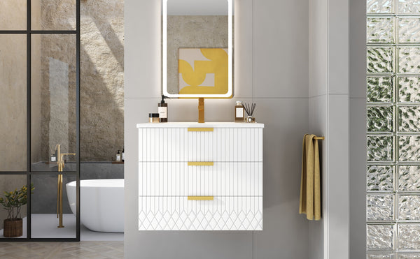 English Elm 24inch Bathroom Vanity with Ceramic Basin Sink, Wall-Mounted Double Drawer Cabinet for Small Baths White N710P324097K