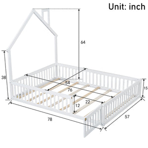 English Elm Wood House Platform Bed Full Size with Guardrail & Playful Frame, Sturdy Pine, Kid-Safe Design White N709P171852K