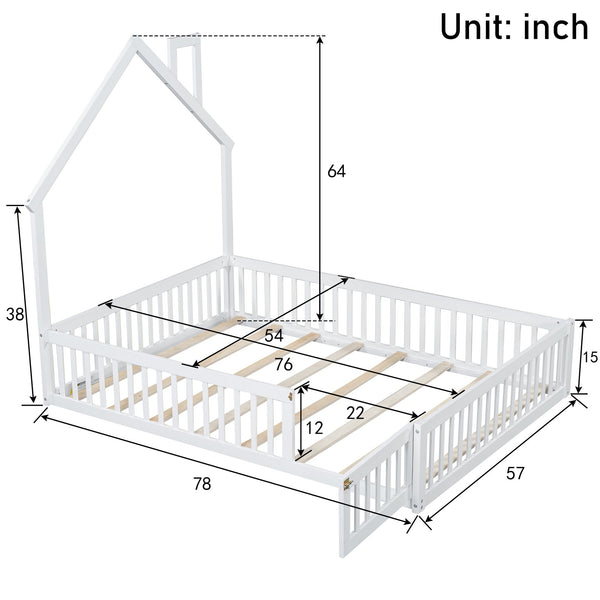 English Elm Wood House Platform Bed Full Size with Guardrail & Playful Frame, Sturdy Pine, Kid-Safe Design White N709P171852K