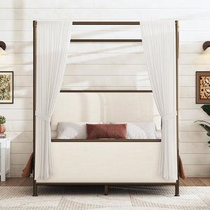 English Elm Queen Canopy Bed Linen Upholstered Iron Frame Open Silhouette Bedroom Focal Point N757Q343424I