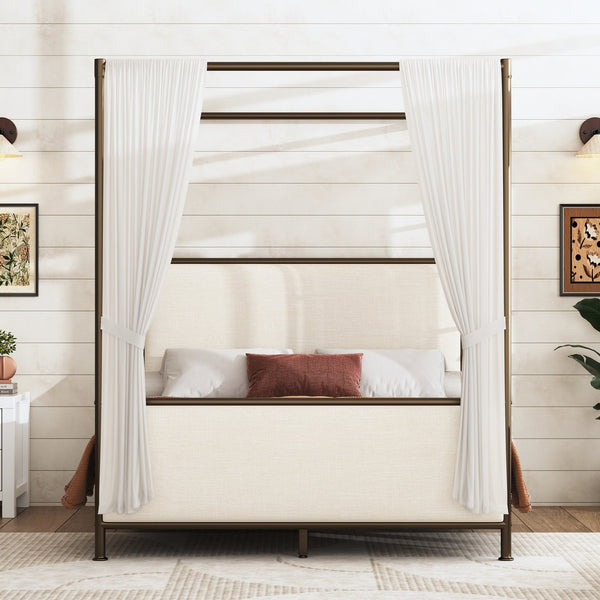 English Elm Queen Canopy Bed Linen Upholstered Iron Frame Open Silhouette Bedroom Focal Point N757Q343424I