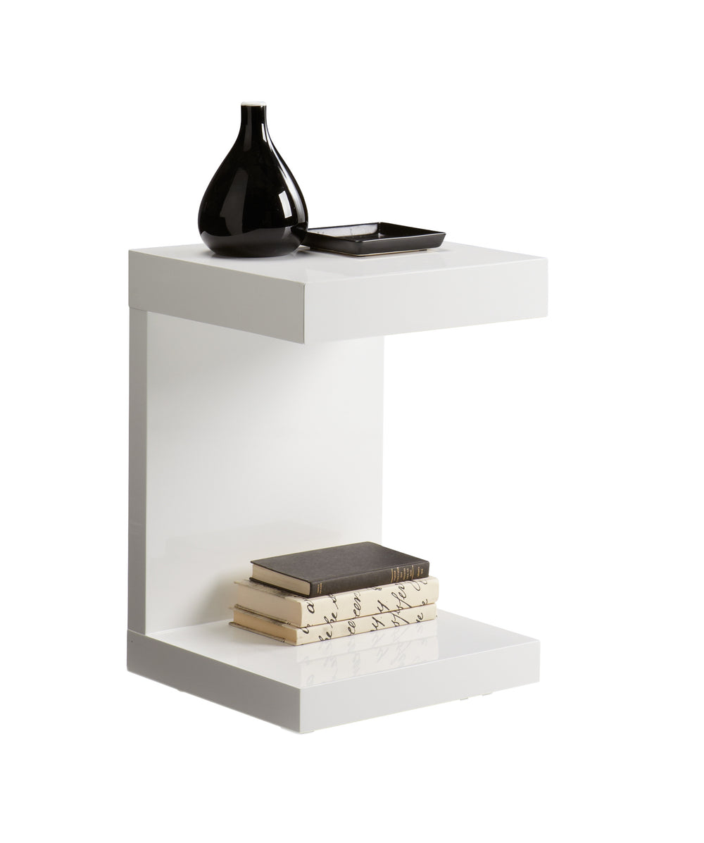 Sunpan Bachelor C-Shaped End Table with Hidden Drawer & Wheels - Sleek High Gloss White Design, Versatile Use