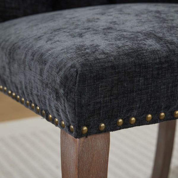 English Elm Upholstered Chenille Tufted Dining Chairs Set of 2 with Curved Wood Legs Club Style Black W1143P457781