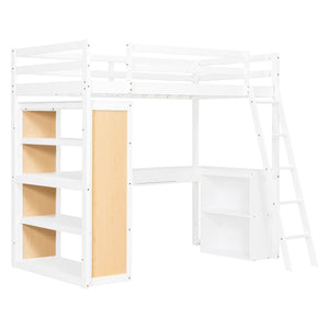 English Elm Twin Loft Bed with Built-in Desk Shelves and Drawer White Pine Study Zone LT100225AAK-1