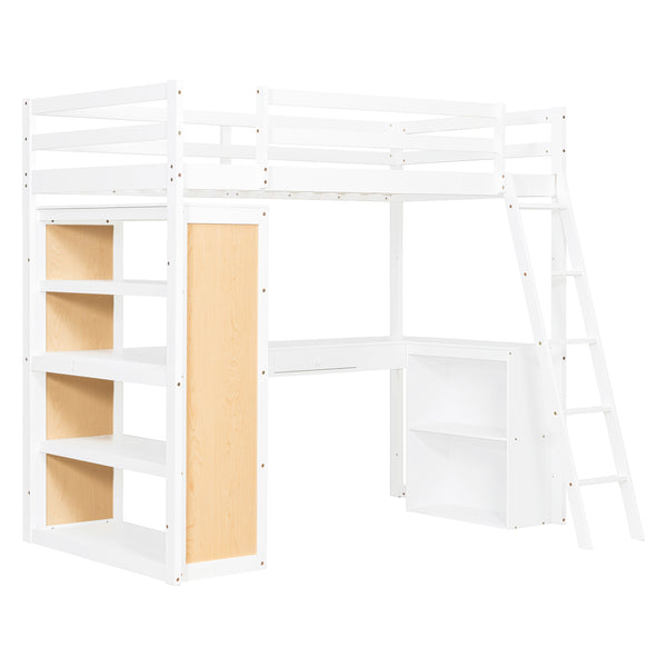 English Elm Twin Loft Bed with Built-in Desk Shelves and Drawer White Pine Study Zone LT100225AAK-1