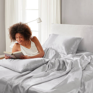 English Elm 4 Luxury Satin Twin Sheet Set - 100% Polyester, Soft Smooth 90g Finish, Deep Pocket Fit & Breathable Comfort LIGHT GREY 11.81 L x 9.84 W x 3.15 H B035P319697