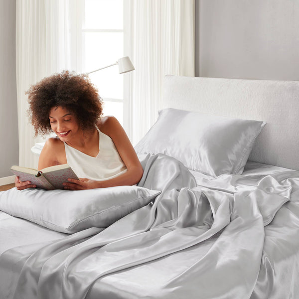 English Elm 4 Luxury Satin Twin Sheet Set - 100% Polyester, Soft Smooth 90g Finish, Deep Pocket Fit & Breathable Comfort LIGHT GREY 11.81 L x 9.84 W x 3.15 H B035P319697