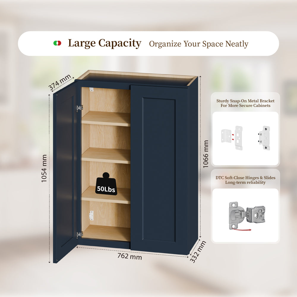 English Elm Navy Shaker Solid Wood Wall Cabinet Soft Close Double Door Kitchen Bath Storage T2950P490380