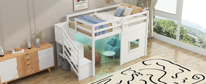 English Elm Twin Loft Bed Pinewood Frame with Storage Staircase Led Lighting and Window Cutout White GX000436AAK
