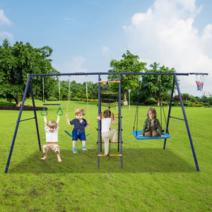 English Elm 6 in 1 Steel A-frame Backyard Swing Set with Climbing Net Trapeze Hammock and Hoop W1408P367263