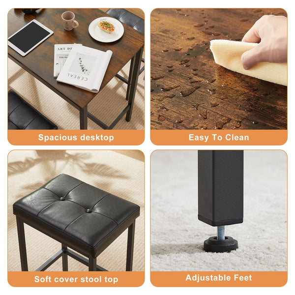 English Elm Pub Industrial 5-Piece High Dining Set with Rustic Brown Table & 4 PU Leather Bar Chairs, Adjustable Feet, Sturdy Steel Frame, Comfortable Cushions, 47.2"L x 23.6"W x 35.4"H W1668P164658