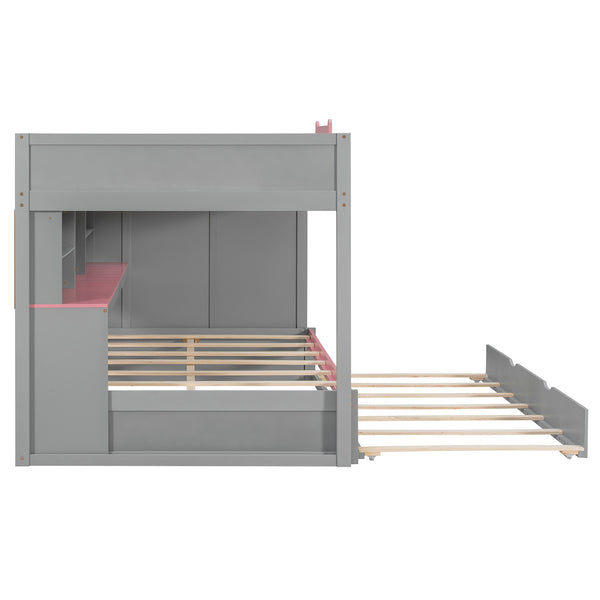 English Elm House-shaped Pine Bunk Bed with Built-in Slide Storage Staircase Twin Over Full Kids Frame Gray N820S00067E