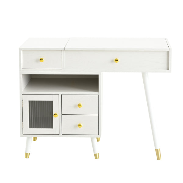 English Elm 3-in-1 Vanity Desk with LED Flip Mirror, Compact Makeup/Dressing Table with Storage Drawers & Stool White N844P291656A