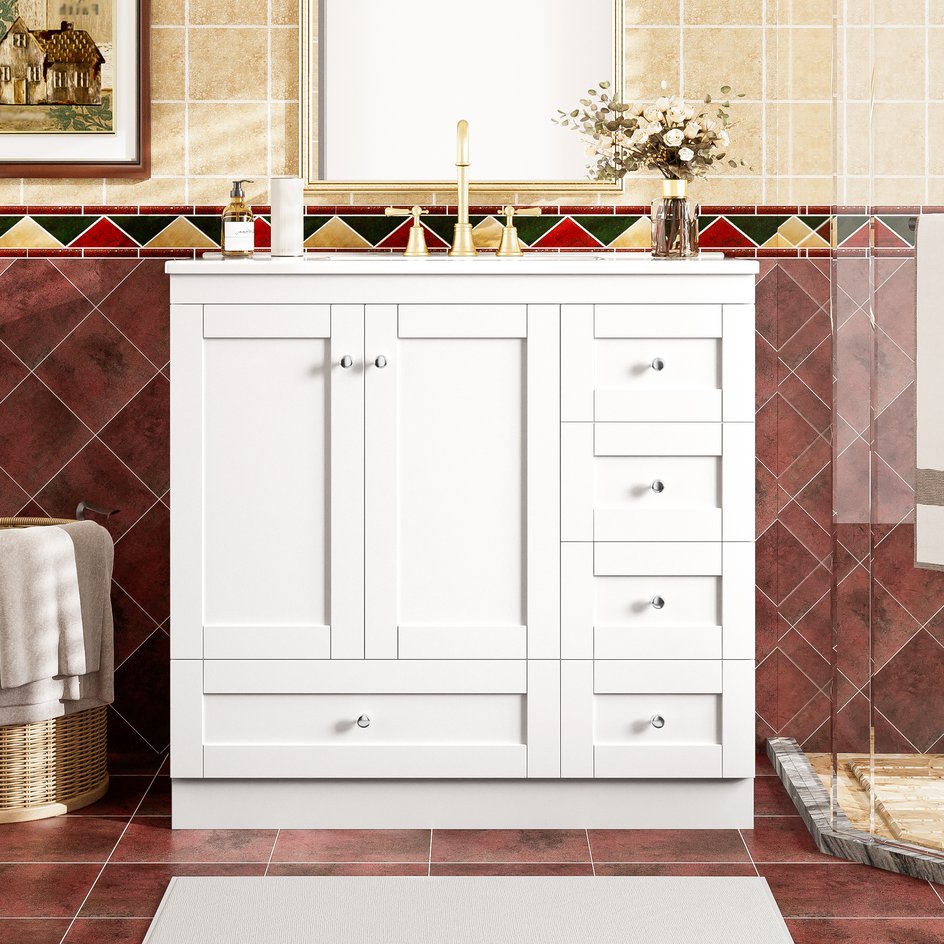 English Elm 36 36" Modern Shaker Bathroom Vanity with Ceramic Sink, Soft-Close Drawers & Doors, Durable Handles White N729P288872K