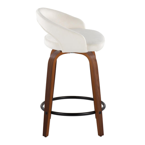 English Elm Fixed-height Swivel Counterstools Walnut Bentwood Velvet Seat Black Footrest Set B202S01760
