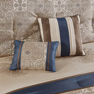JLA Home Madison Park Essentials - 24 Luxe Room-In-A-Bag 24-Piece Navy & Natural Bedding Set with Jacquard Medallion, Sheets, Curtains MPE10-814