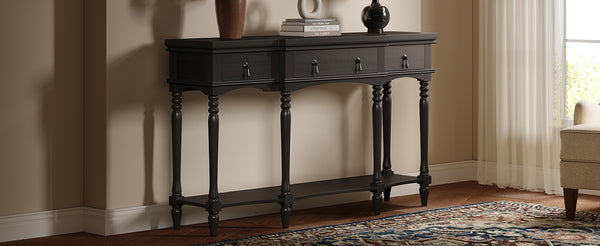 English Elm [video] Solid Pine Console Table Ornate Carved Legs Copper Hardware Soft-close Drawers Black N759P433566B