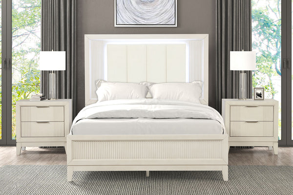 English Elm Transitional Fluted Nightstand Antique White Birch Wood Dovetail Drawers Chrome Pulls B2741P435885