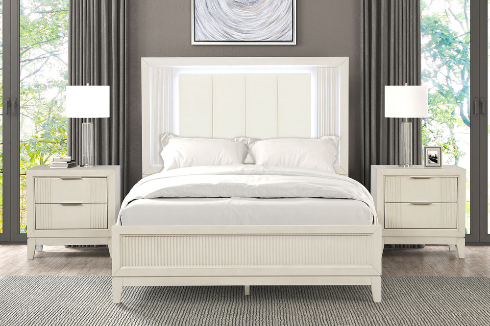 English Elm Walnut Finish King Bedroom Set Carved Headboard Rubberwood Frame with Two Nightstands B2741S00926