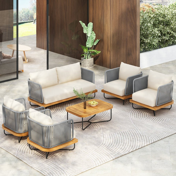 English Elm Christopher Knight Home® - Lucca Outdoor 6-Piece Acacia Wood Conversation Set With Water-Repellent Cushions For Patios N773OC00018B