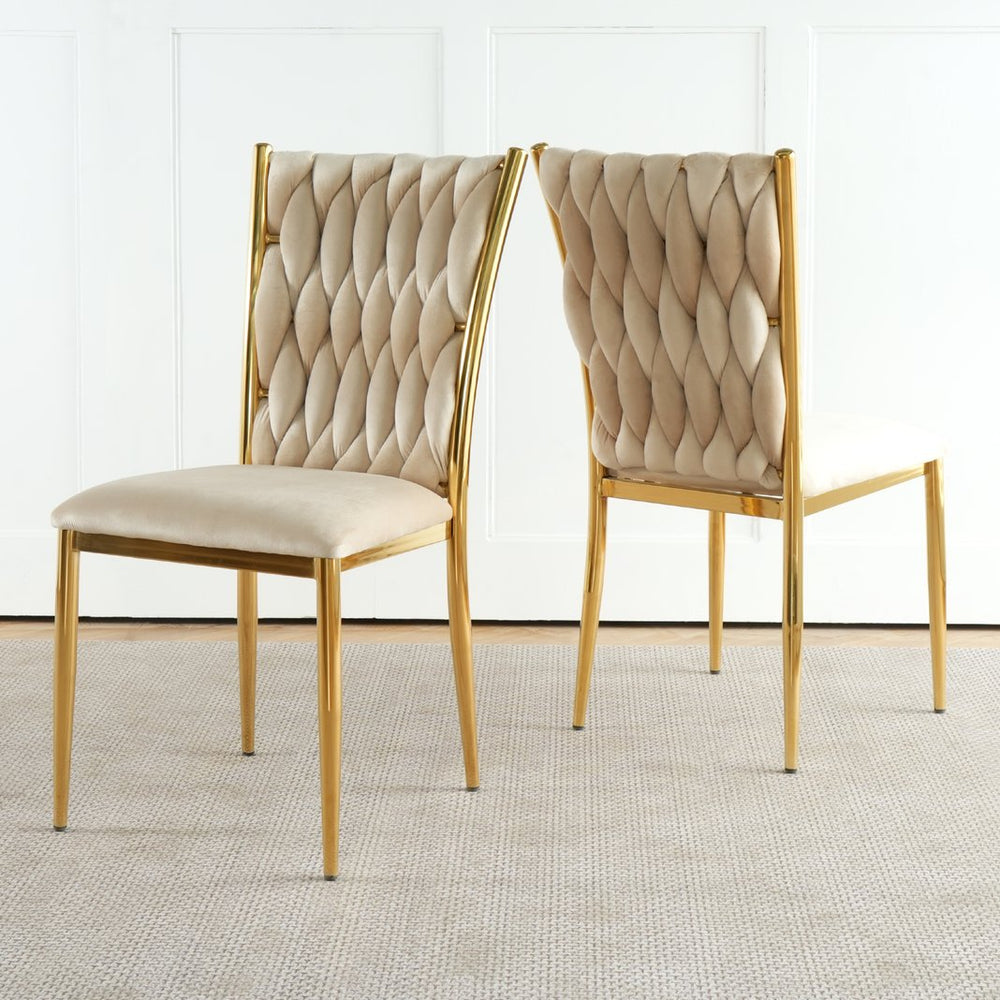 English Elm Modern Velvet Upholstered Dining Chairs with Gold Metal Legs Elegant Set of Two Beige W210P309920