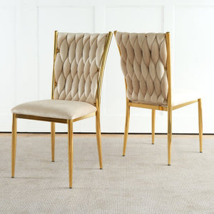 English Elm Modern Velvet Upholstered Dining Chairs with Gold Metal Legs Elegant Set of Two Beige W210P309920