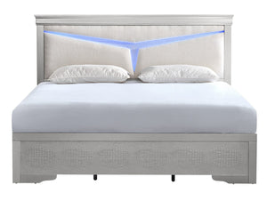 English Elm Lorana Queen Upholstered Bed Plush Teddy Fabric Headboard with Built-in Led Ambient Glow Silver B078S00661