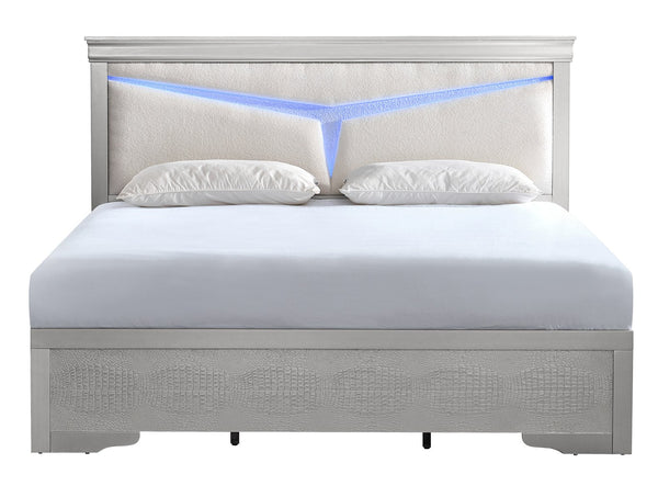 English Elm Lorana Queen Upholstered Bed Plush Teddy Fabric Headboard with Built-in Led Ambient Glow Silver B078S00661