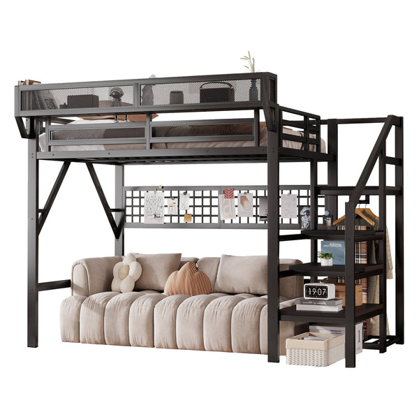 English Elm Full Metal Loft Bed with Stairs Wardrobe Rgb Lighting and Storage for Teens W2580S00066
