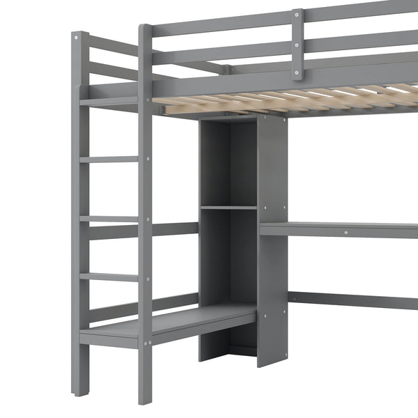 English Elm Full Size Loft Bed With Under-Bed Desk And Stylish Shelves For Space-Saving Bedroom Solutions N7090005004E