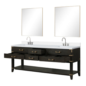 English Elm Black Oak Double Bath Vanity With White Quartz Top, Chrome Faucet, & Two 36" Mirrors For Luxury Spaces B2731S02206
