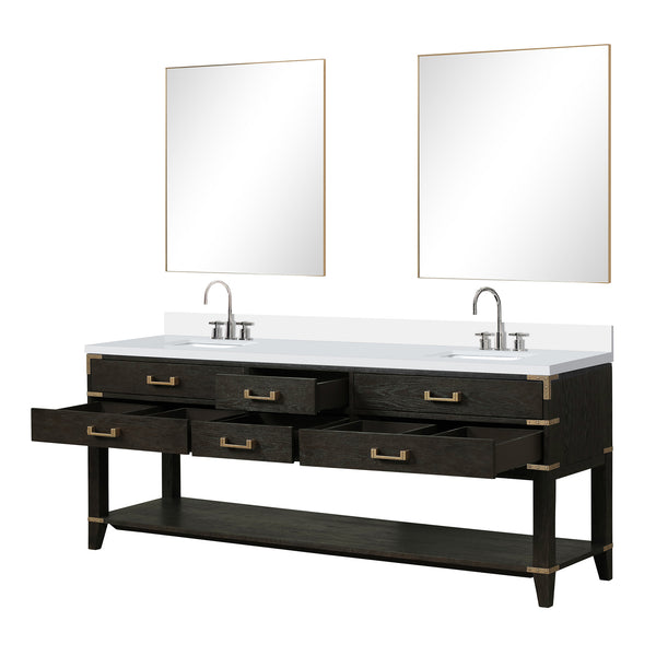 English Elm Black Oak Double Bath Vanity With White Quartz Top, Chrome Faucet, & Two 36" Mirrors For Luxury Spaces B2731S02206