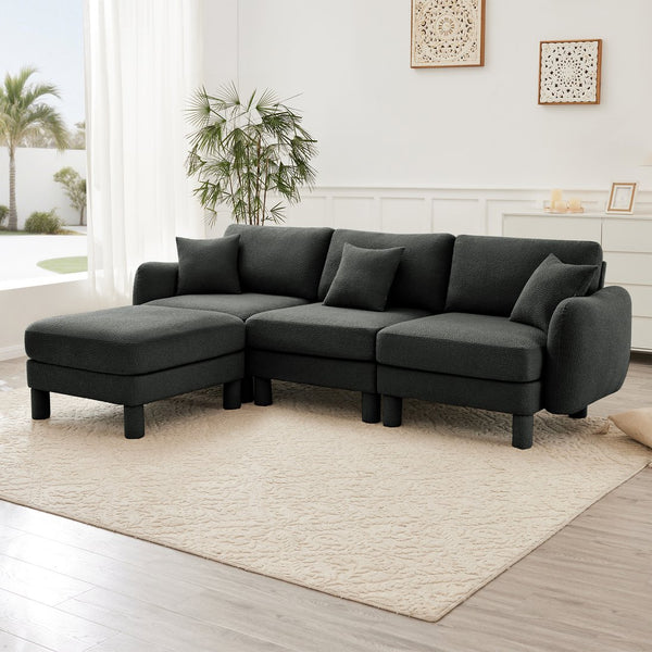English Elm Boucle Fabric Convertible L-Shaped Sectional Sofa With Shell Armrests & Removable Ottoman, Dark Grey W3041S00301