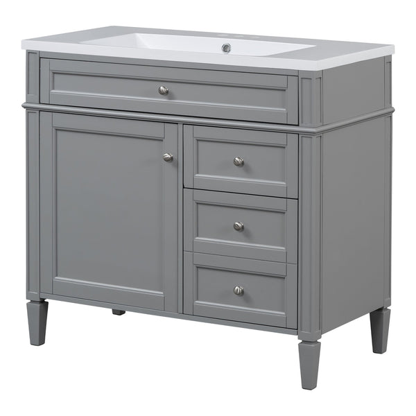 English Elm 36'' Modern Bathroom Vanity Set With Mirror, 2 Soft-Close Drawers, & 6 Open Shelves For Storage N710S236006E