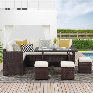 English Elm 7 Piece Outdoor Wicker Dining Set Modular Sectional Sofa Ottomans and Patio Table Ivory B082S00075